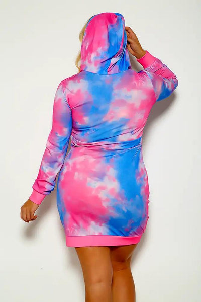 Pink Tie Dye Long sleeve Hooded Dress - AMIClubwear