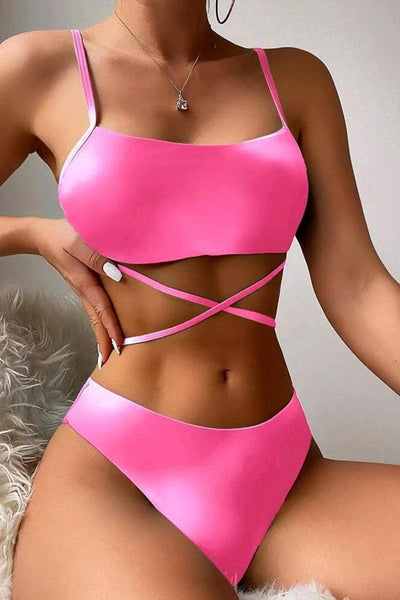 Pink Tie Dye Print Criss-Cross 3 Pc Bikini Set With Cover Up - AMIClubwear