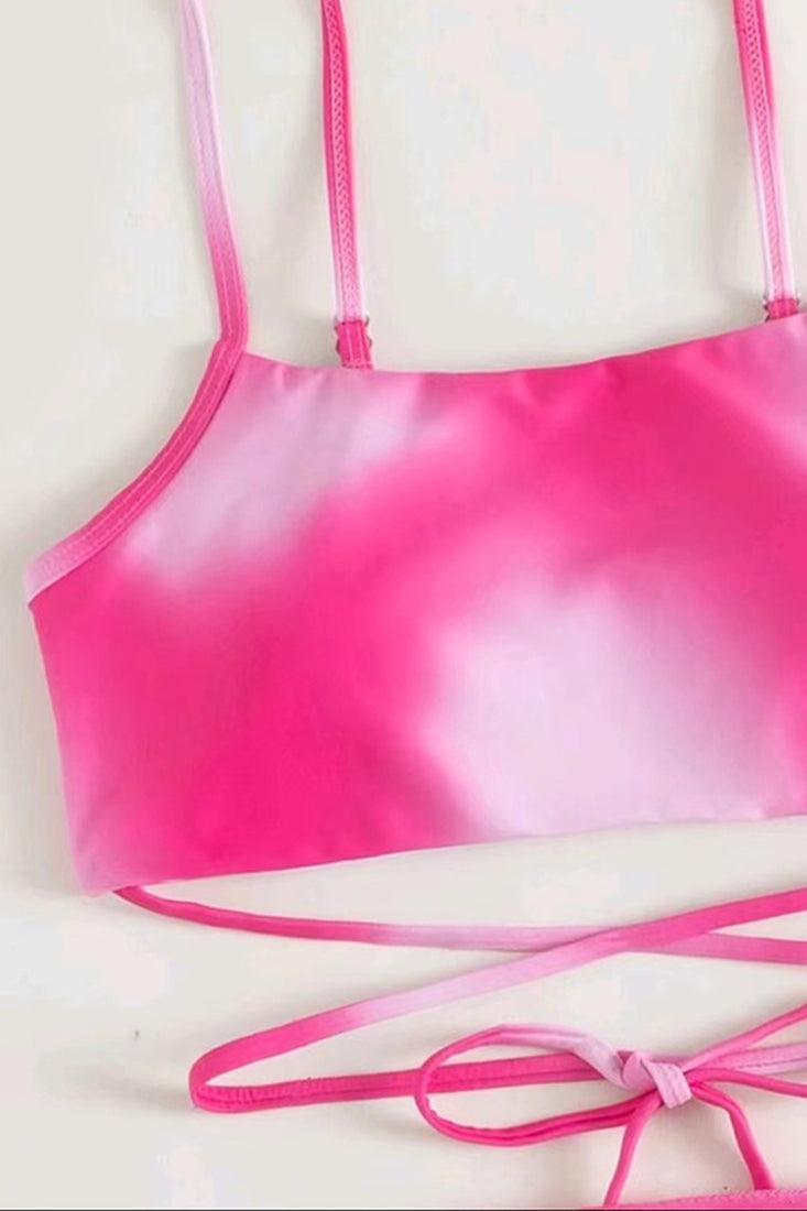Pink Tie Dye Print Criss-Cross 3 Pc Bikini Set With Cover Up - AMIClubwear