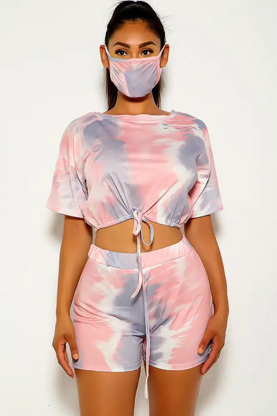 Pink Tie Dye Short Sleeve Three Piece Outfit - AMIClubwear