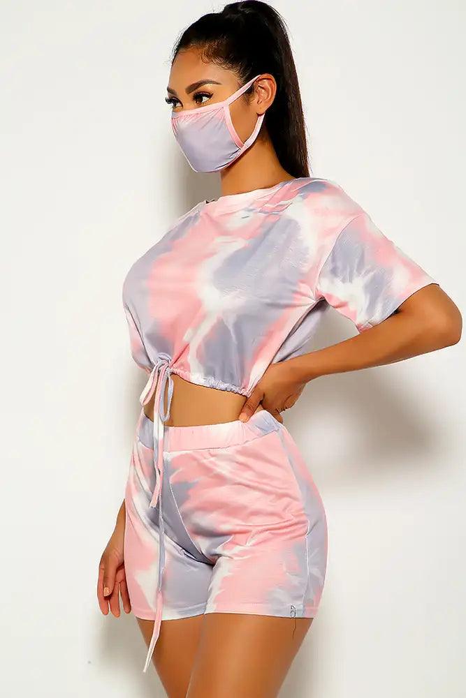 Pink Tie Dye Short Sleeve Three Piece Outfit - AMIClubwear