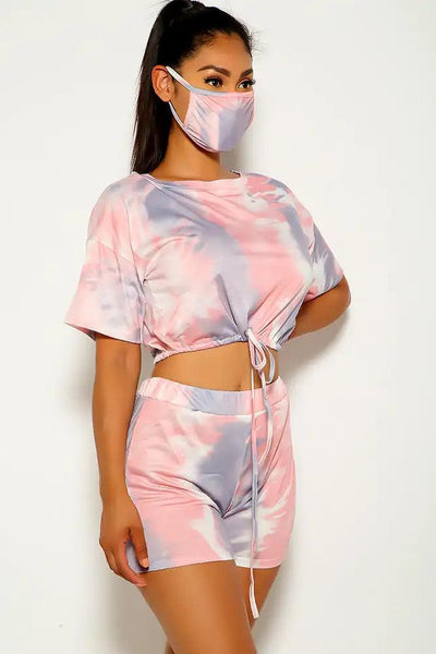 Pink Tie Dye Short Sleeve Three Piece Outfit - AMIClubwear