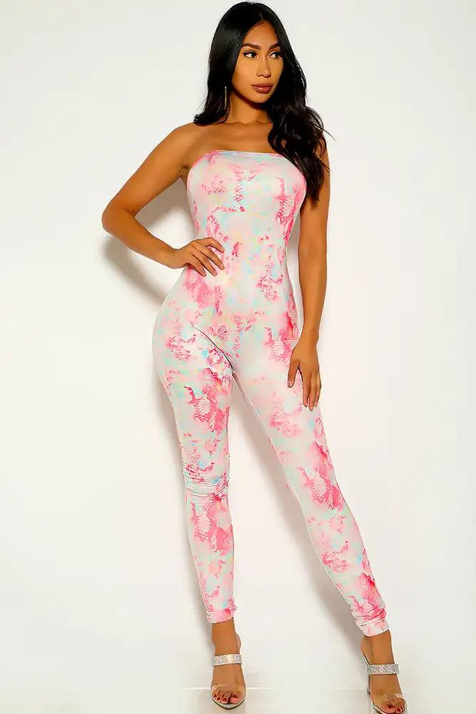 Pink Tie Dye Strapless Jumpsuit - AMIClubwear