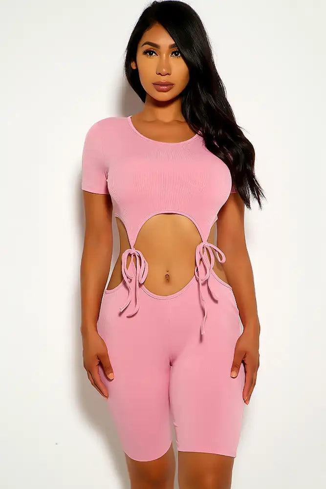 Pink Tie Knot Cut Out Romper - AMIClubwear