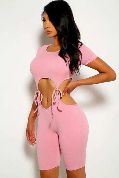 Pink Tie Knot Cut Out Romper - AMIClubwear