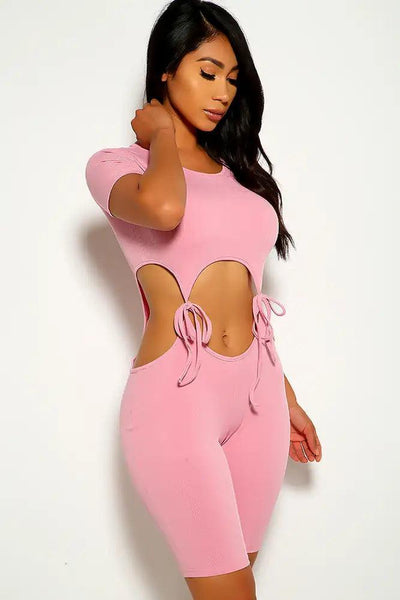 Pink Tie Knot Cut Out Romper - AMIClubwear