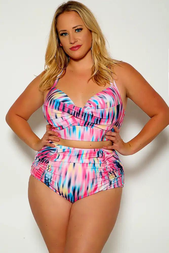 Pink Two Tone Halter High Waist Plus size Two Piece Swimsuit - AMIClubwear