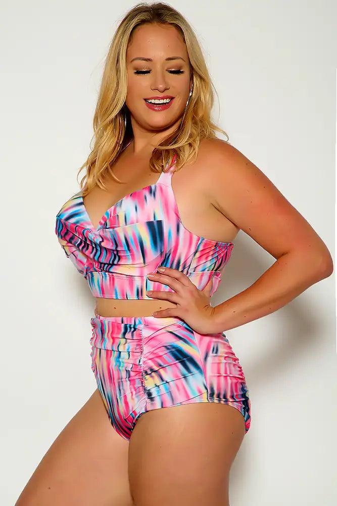 Pink Two Tone Halter High Waist Plus size Two Piece Swimsuit - AMIClubwear