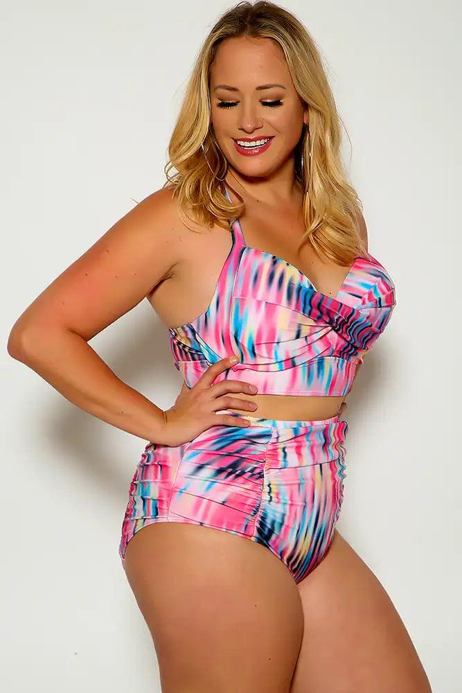 Pink Two Tone Halter High Waist Plus size Two Piece Swimsuit - AMIClubwear