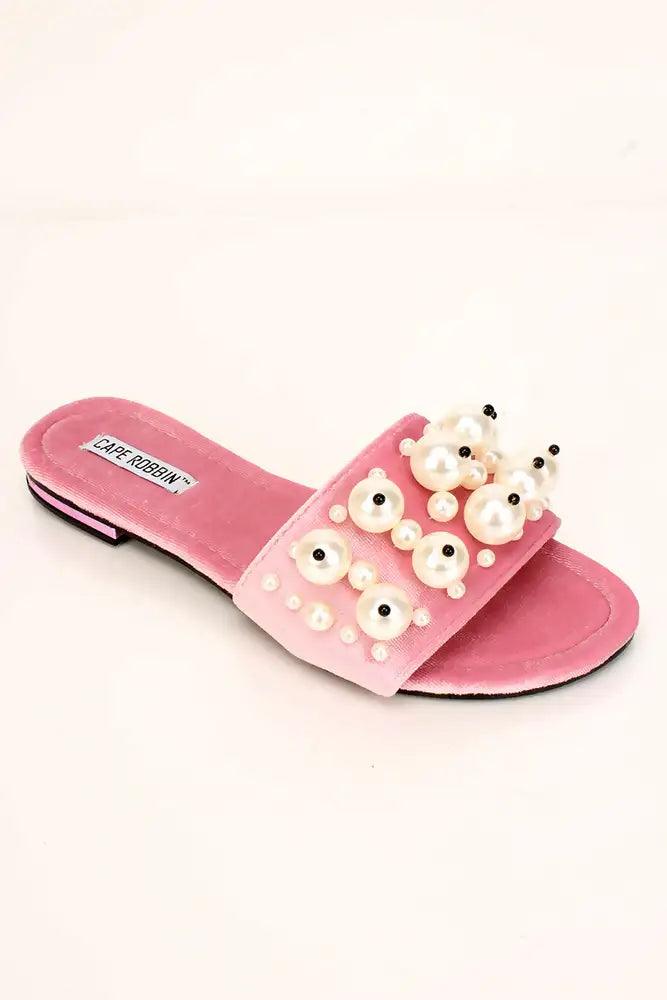 Pink Velvet Faux Pearl Slip On Sandals - AMIClubwear