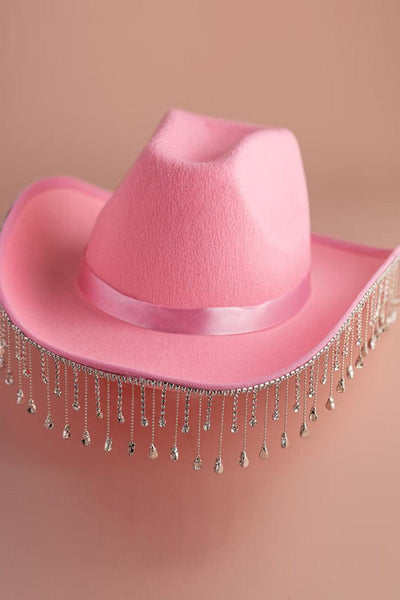 Pink Western Rhinestone Fringe Cowboy Hat - AMIClubwear