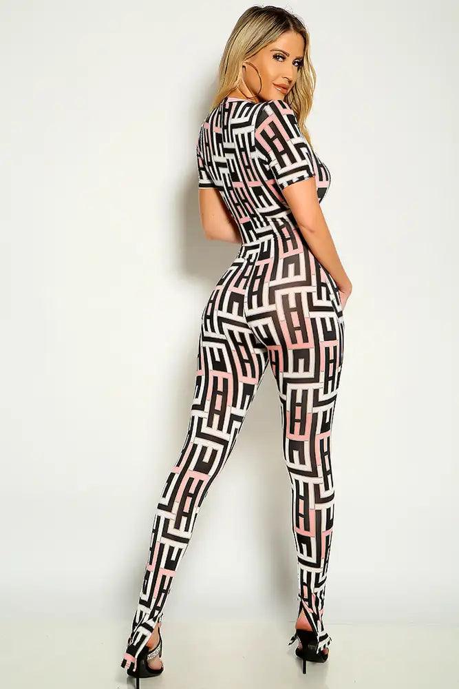 Pink White Black Short Sleeve Geometric Print Fitted Jumpsuit - AMIClubwear