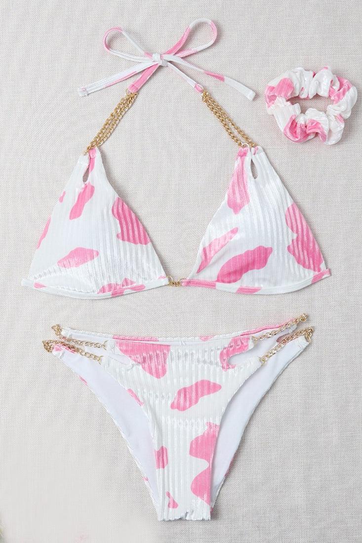 Pink White Chain Straps Sexy Two Piece Swimsuit - AMIClubwear