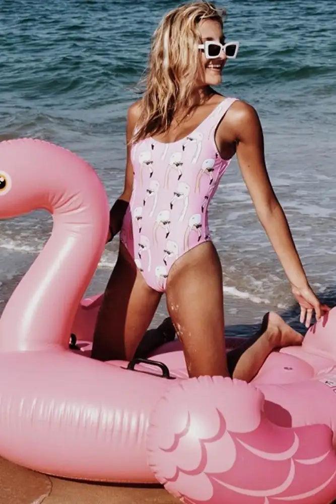 Pink White Flamingo Print One Piece Swimsuit - AMIClubwear