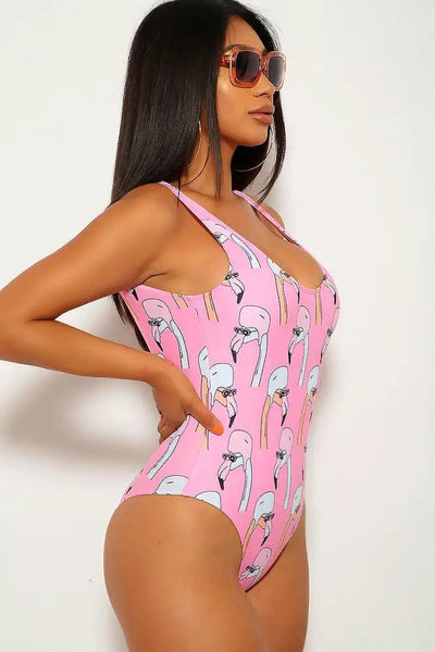 Pink White Flamingo Print One Piece Swimsuit - AMIClubwear