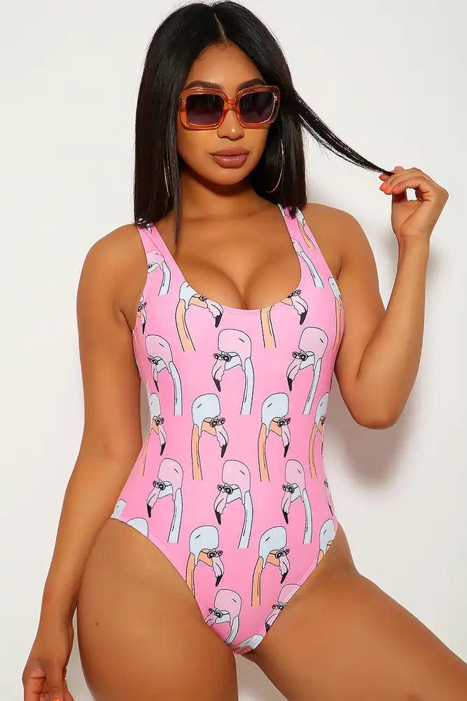 Pink White Flamingo Print One Piece Swimsuit - AMIClubwear