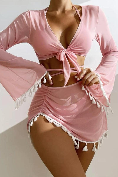 Pink White Fringe Sexy 4 Piece Swimsuit Set - AMIClubwear