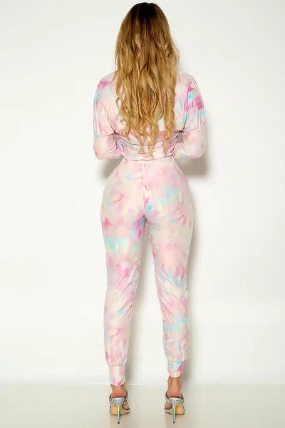 Pink White Long Sleeve Tie Dye Two Piece Outfit - AMIClubwear