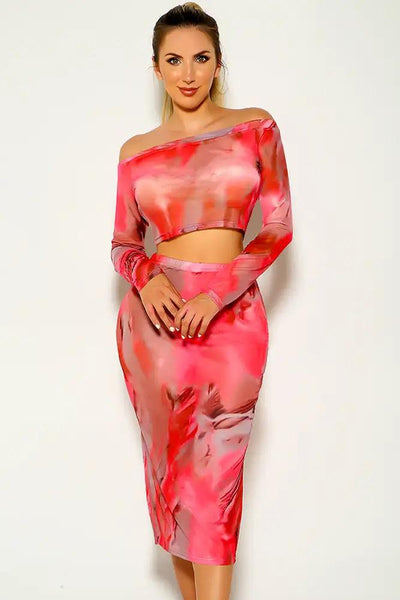 Pink White Off The Shoulder Long sleeve Two Piece Dress - AMIClubwear