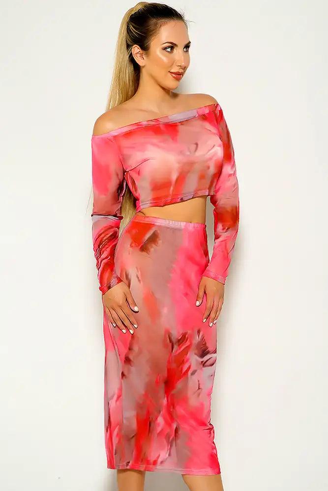 Pink White Off The Shoulder Long sleeve Two Piece Dress - AMIClubwear