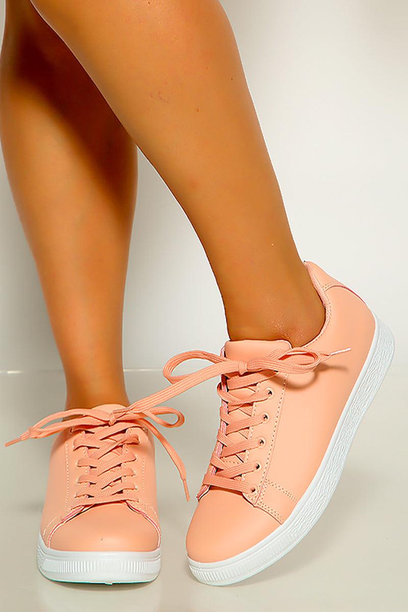 Pink White Round Toe Lace Up Sneakers - AMIClubwear