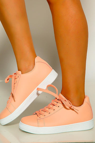 Pink White Round Toe Lace Up Sneakers - AMIClubwear