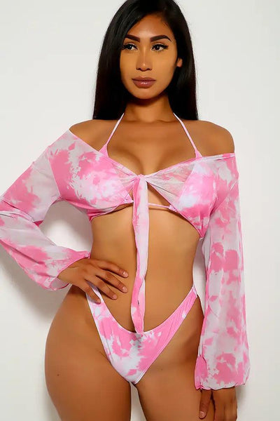 Pink White Tie Dye Print Two Piece Swimsuit - AMIClubwear