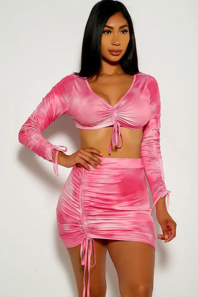 Pink White Tie Dye Ruched Two Piece Dress - AMIClubwear