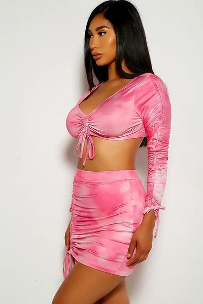 Pink White Tie Dye Ruched Two Piece Dress - AMIClubwear