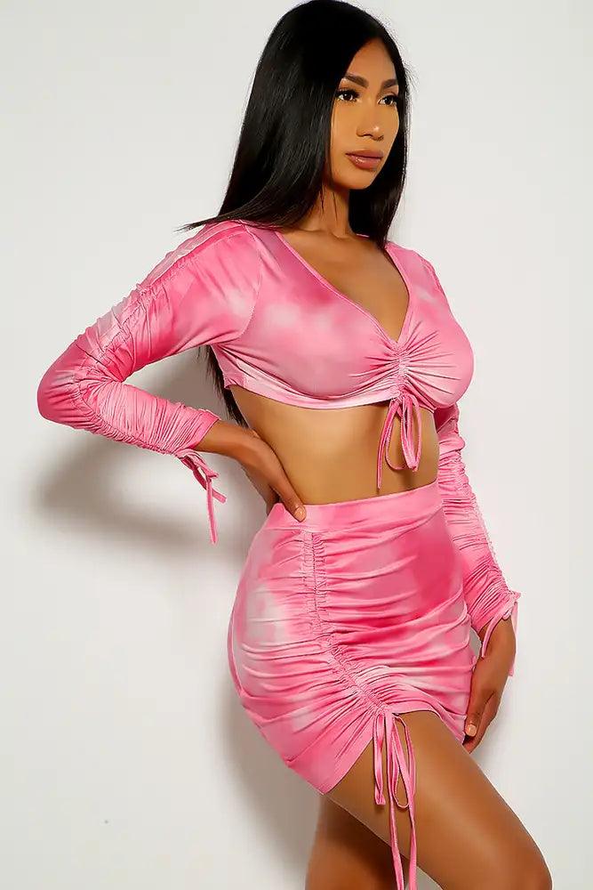 Pink White Tie Dye Ruched Two Piece Dress - AMIClubwear