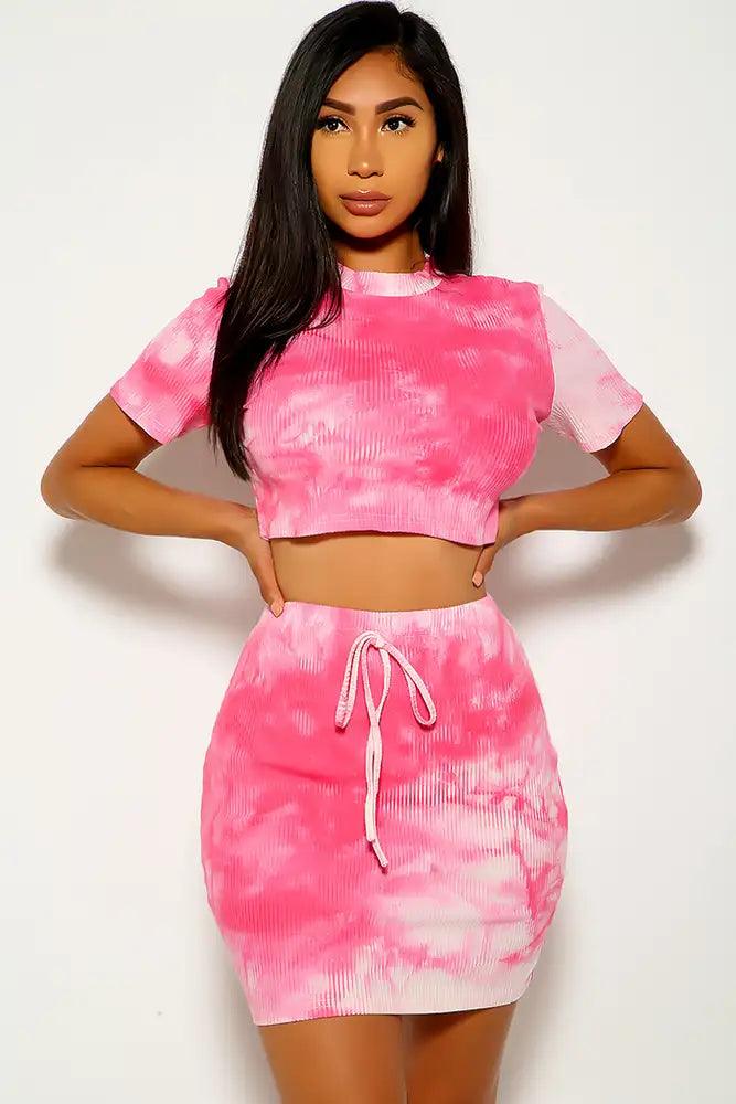 Pink White Tie Dye Two Piece Party Dress - AMIClubwear