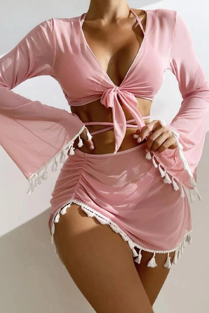 Pink Wrap Around Triangle Top Tassel Trim Cover Up 4 Pc Bikini Set - AMIClubwear