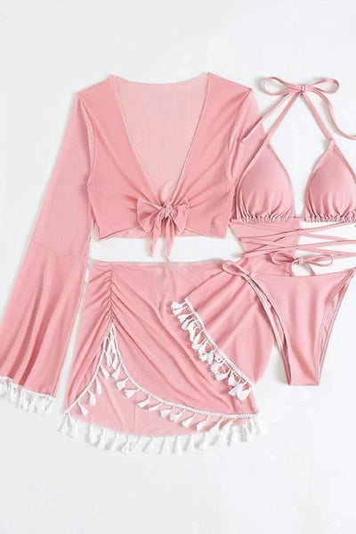 Pink Wrap Around Triangle Top Tassel Trim Cover Up 4 Pc Bikini Set - AMIClubwear