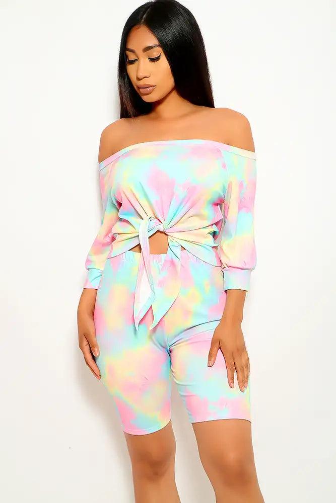 Pink Yellow Off The Shoulder Plus Size Two Piece Outfit - AMIClubwear