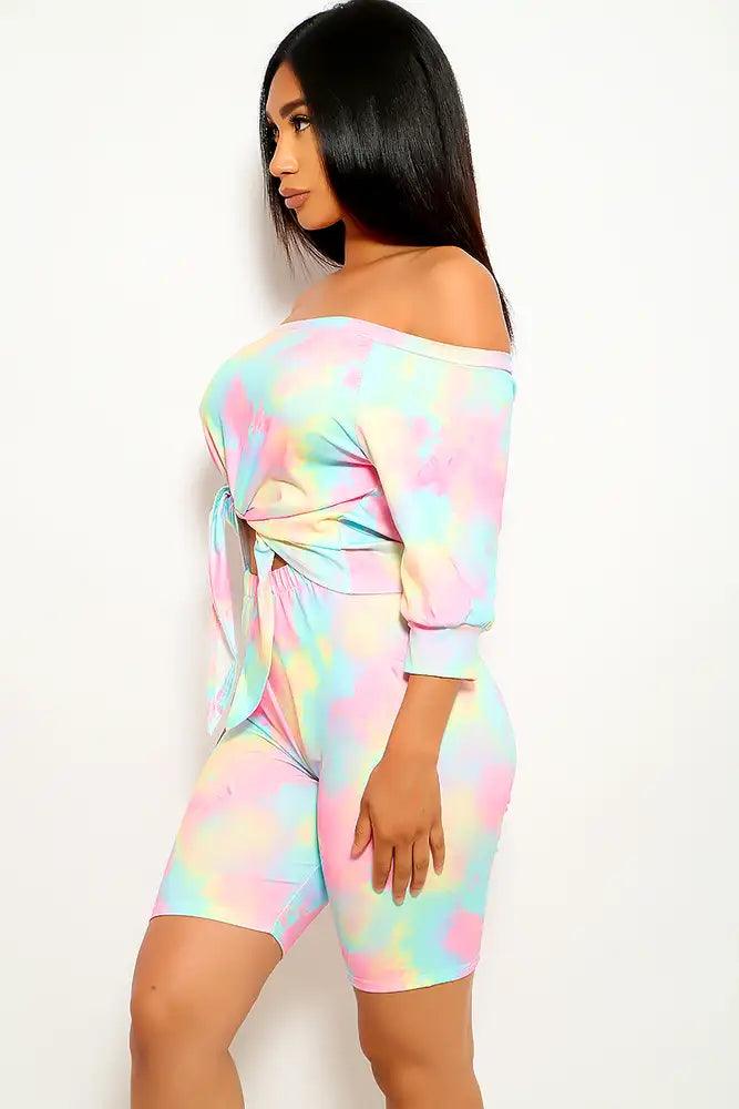 Pink Yellow Off The Shoulder Plus Size Two Piece Outfit - AMIClubwear