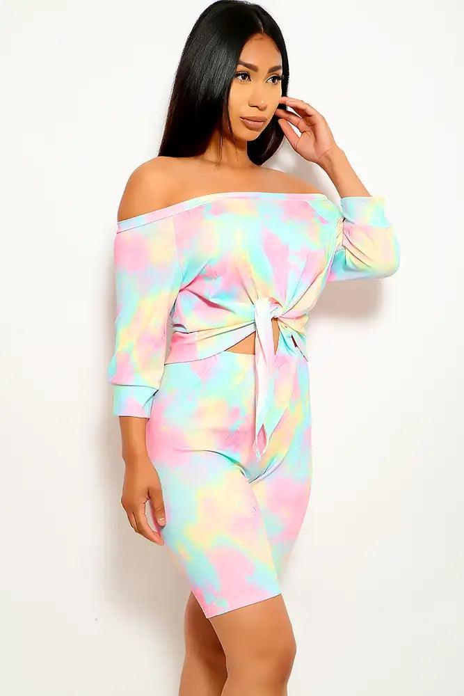 Pink Yellow Off The Shoulder Plus Size Two Piece Outfit - AMIClubwear