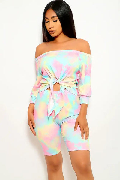 Pink Yellow Off The Shoulder Two Piece Outfit - AMIClubwear