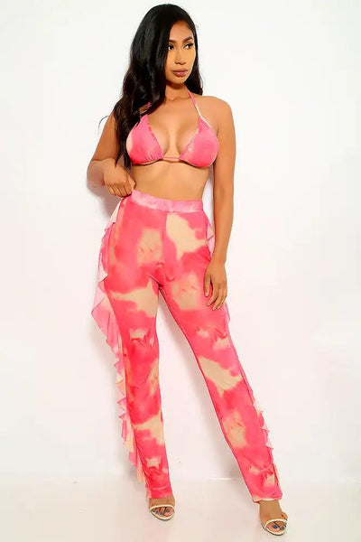 Pink Yellow Ruffled Plus Size Two Piece Outfit - AMIClubwear