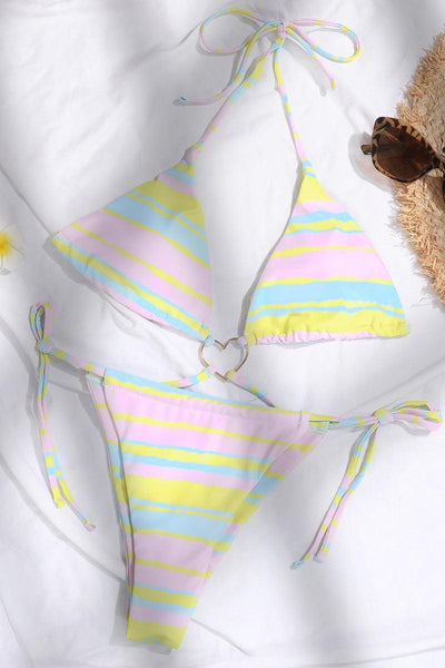 Pink Yellow Striped Heart Accent Sexy Two Piece Sexy Swimsuit - AMIClubwear