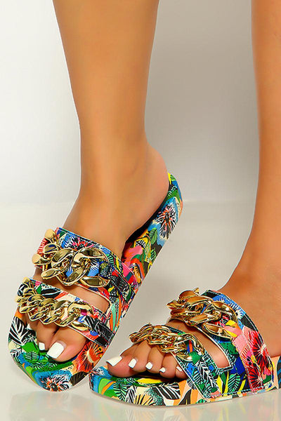 Printed Gold Chain Accent Slip On Sandals - AMIClubwear