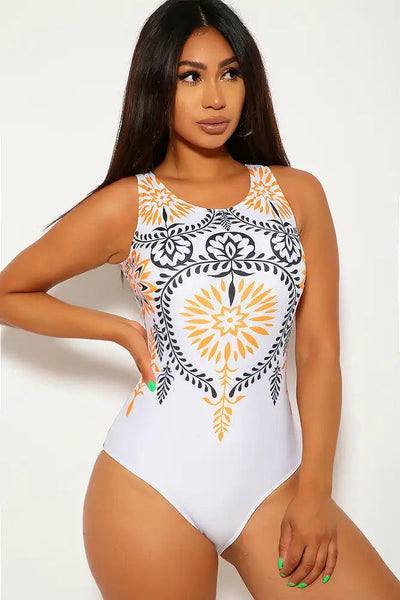Printed White Marigold High Neck One Piece Swimsuit - AMIClubwear