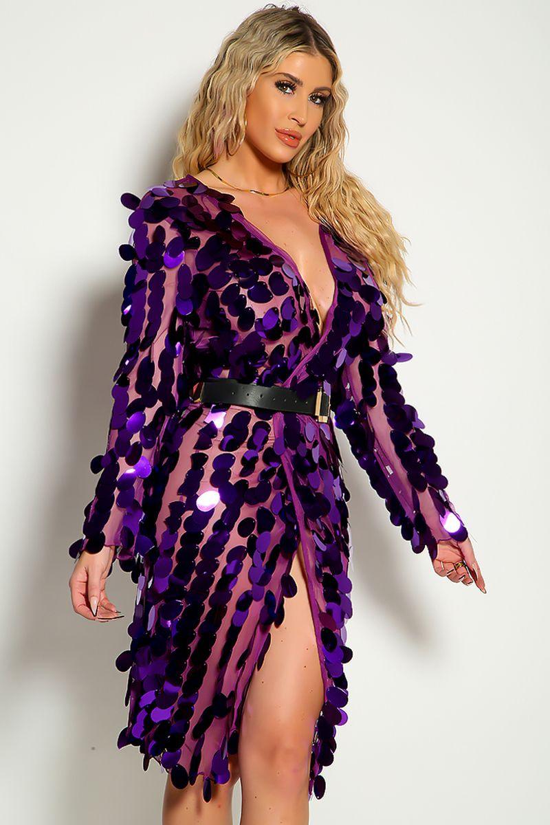 Purple Big Sequin Long Mesh Cardigan - AMIClubwear