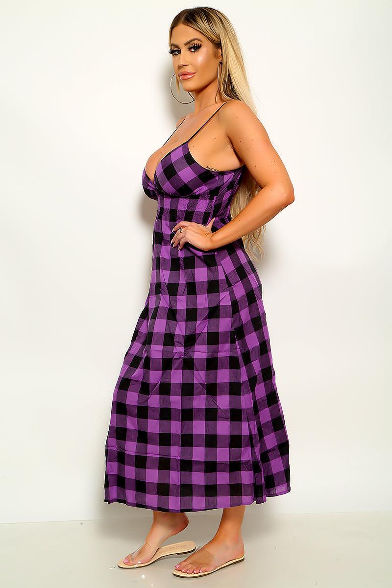 Purple Black Plaid Spaghetti Straps Maxi Dress - AMIClubwear