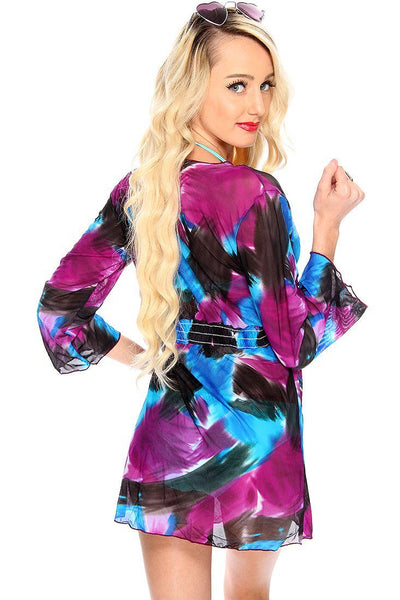 Purple Blue Printed Quarter Sleeves Robe Swimsuit Coverup - AMIClubwear