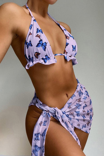 Purple Butterfly Print Three Piece Swimsuit - AMIClubwear