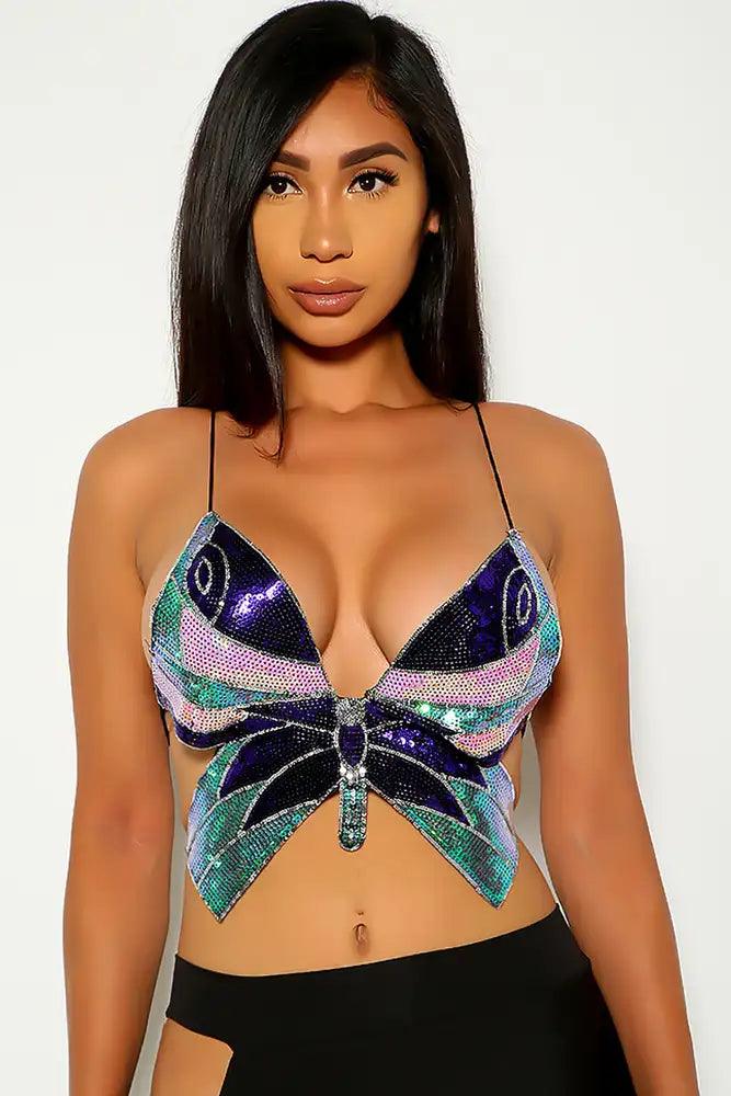 Purple Butterfly Sequins Top - AMIClubwear