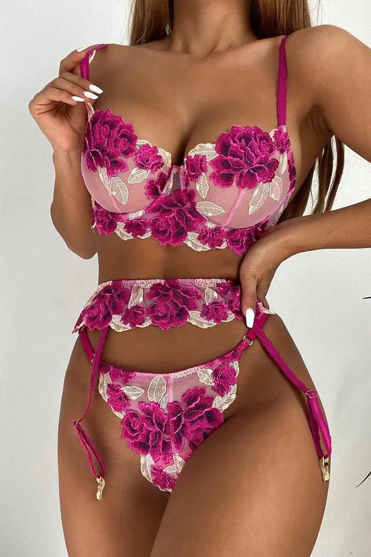 Purple Floral Embroidered Mesh Underwire Sexy Lingerie 3 Pc Set