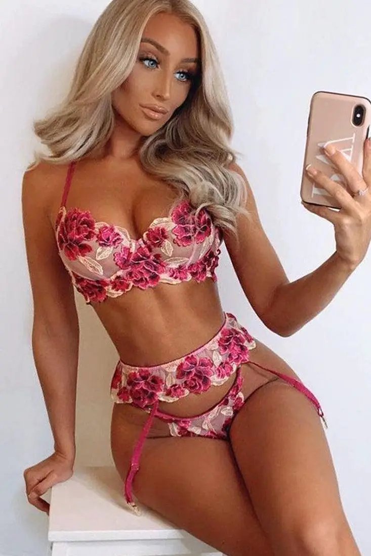 Purple Floral Embroidered Mesh Underwire Sexy Lingerie 3 Pc Set