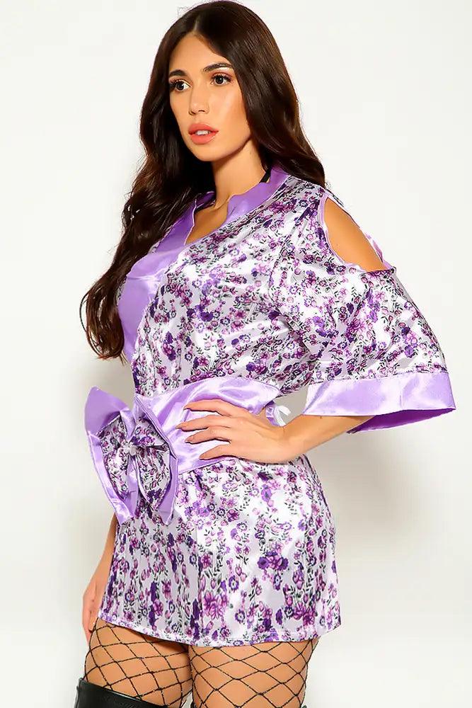 Purple Floral Japanese Kimono Two Piece Costume - AMIClubwear