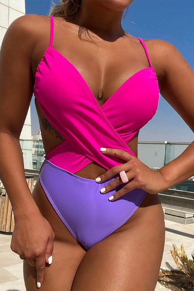 Purple Fuchsia Strappy Halter Sexy One Piece Swimsuit - AMIClubwear